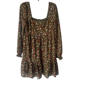 BCBG Paris Size Medium Square Neck Floral Green Cottage Ruffle Babydoll Dress